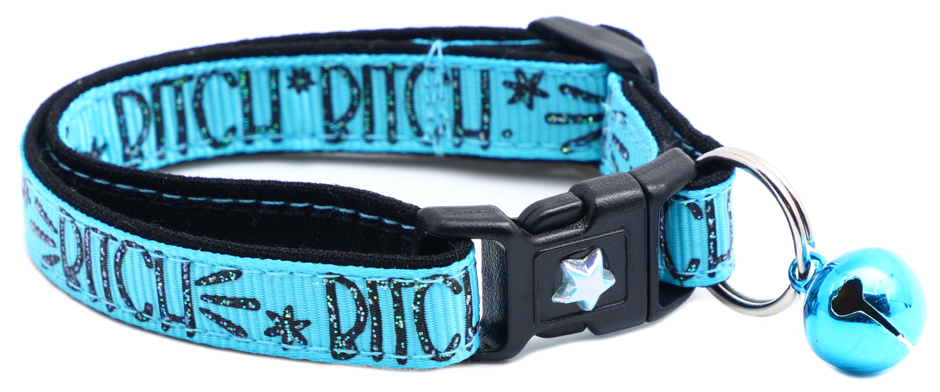 Bitch 2 Breakaway Cat Collar in reinforced cotton with breakaway clips and removable bell, available in various sizes.